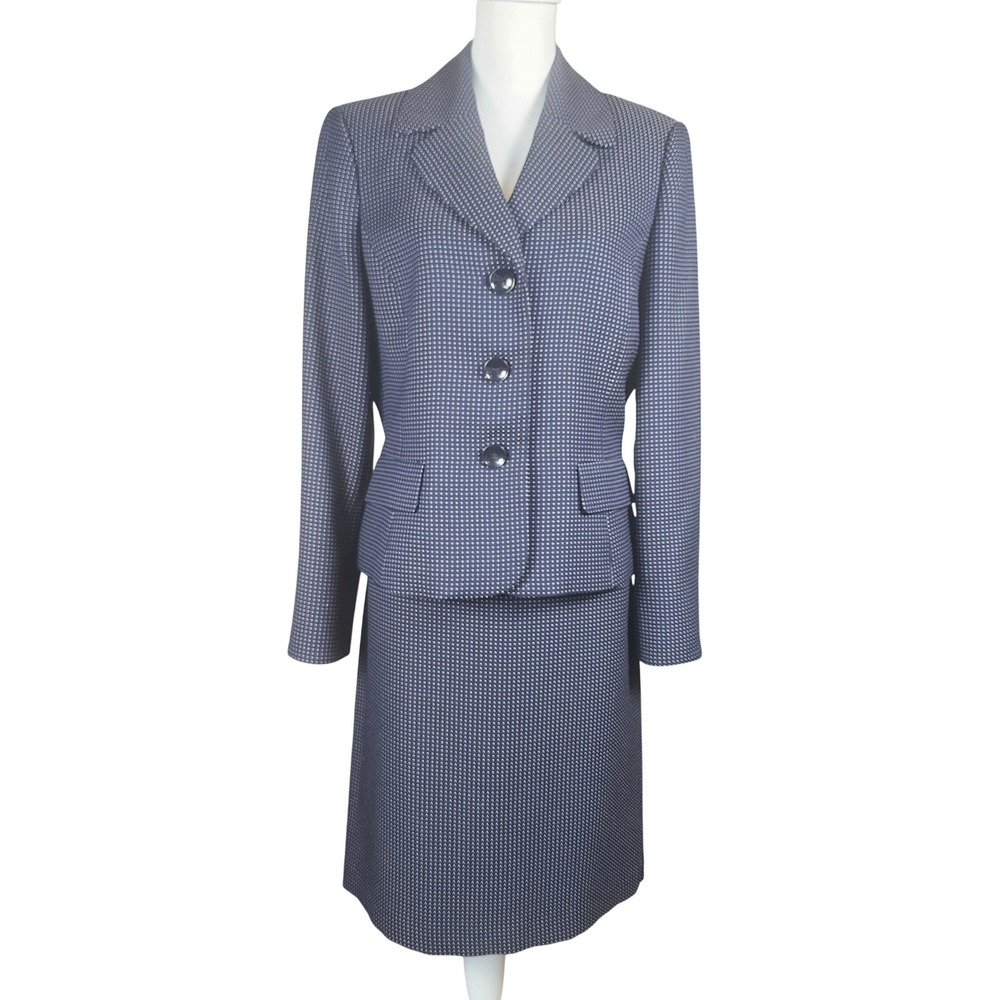 Kasper Skirt Suit Set Women 12 Navy Blue White Dot Blazer Career Office Business